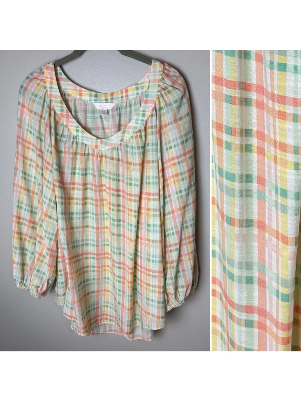 LC Lauren Conrad Blouse Size XXL 2XL Pastel Plaid 3/4 Puff Sleeves Peasant Top